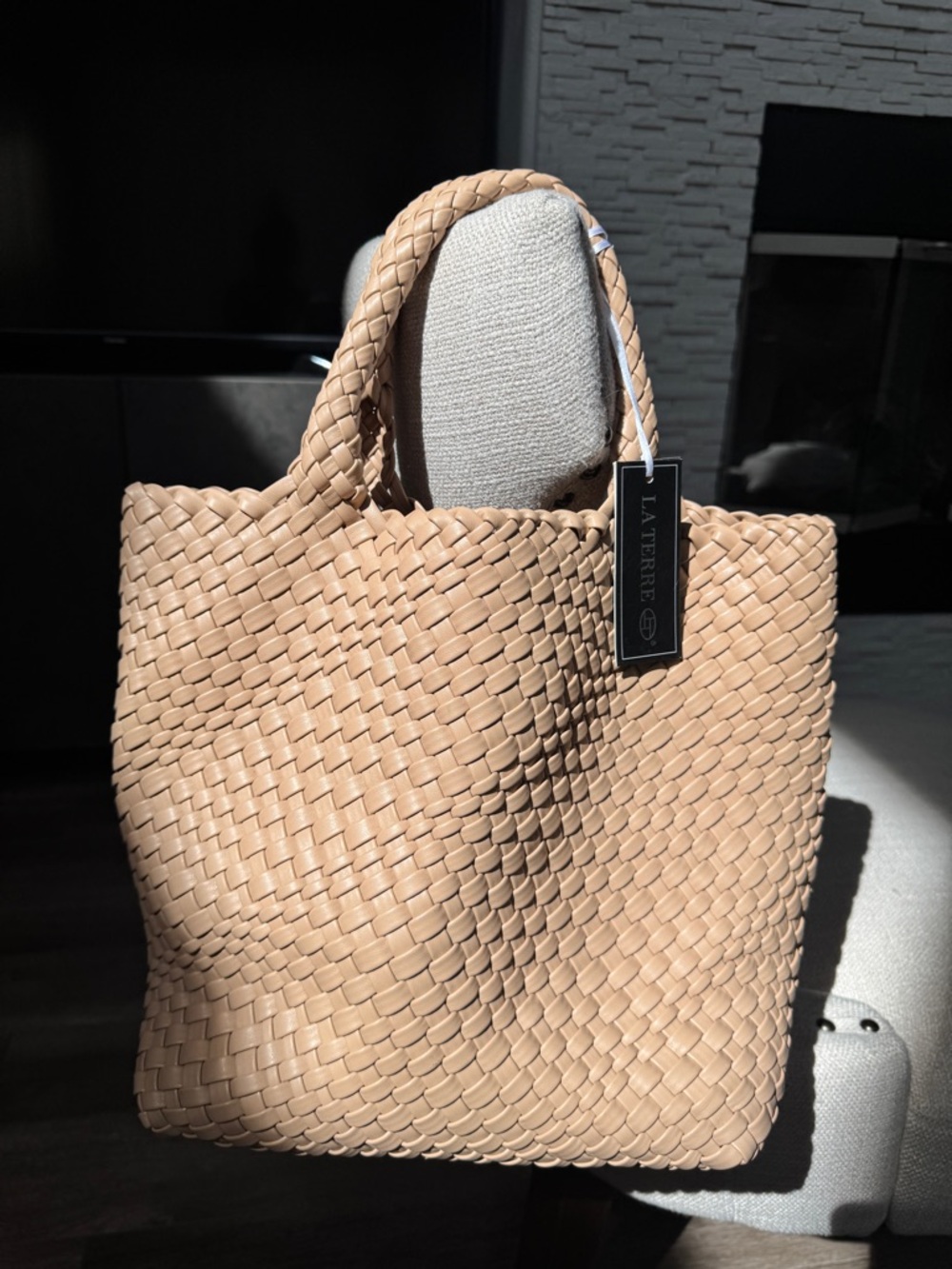 Woven Vegan Leather Tote in Light Beige